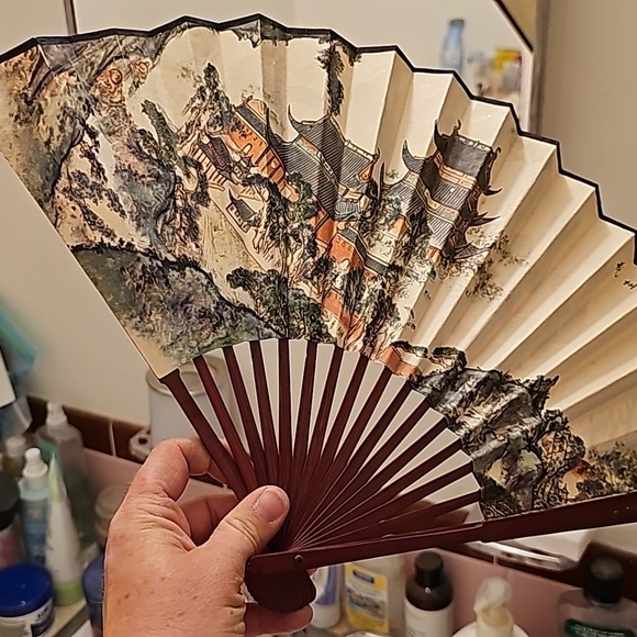 Vintage Large Ornamental Asian Decorative Folding Fan Hand Painted Fabric Wooden - Picture 4 of 5